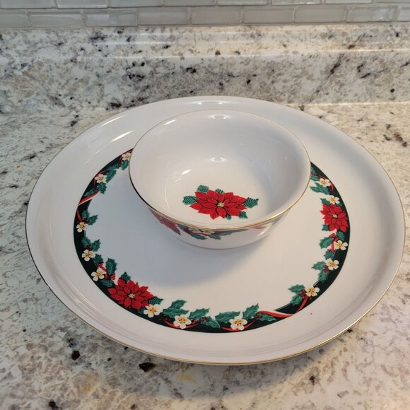 Tienshan Deck The Halls Christmas Poinsettia Serving Platter Bowl Set Chip Dip - Picture 2 of 8